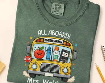 Personalized Kindergarten Teacher Shirt, School Bus Teacher Tee, Retro Educational Humor Top, Classroom Gift Shirt for Teachers