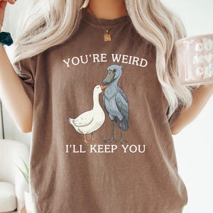 May include: Brown t-shirt with the text "YOU'RE WEIRD I'LL KEEP YOU" and a graphic of a white goose and a gray shoebill bird. The goose and bird are facing each other. The person is holding a pink mug.