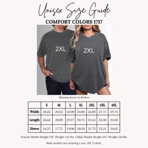 May include: A charcoal grey t-shirt size guide featuring the text Unisex Size Guide and Comfort Colors 1717. The image displays a size chart with measurements in inches for sizes S through 4XL, including width, length, and sleeve dimensions.