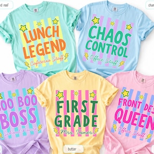 May include: Five short-sleeve t-shirts in island reef, chambray, orchid, butter, and blossom colors. Each shirt features a vertical striped background with yellow stars and lightning bolts, displaying text like LUNCH LEGEND, CHAOS CONTROL, BOO BOO BOSS, FIRST GRADE, and FRONT DESK QUEEN.