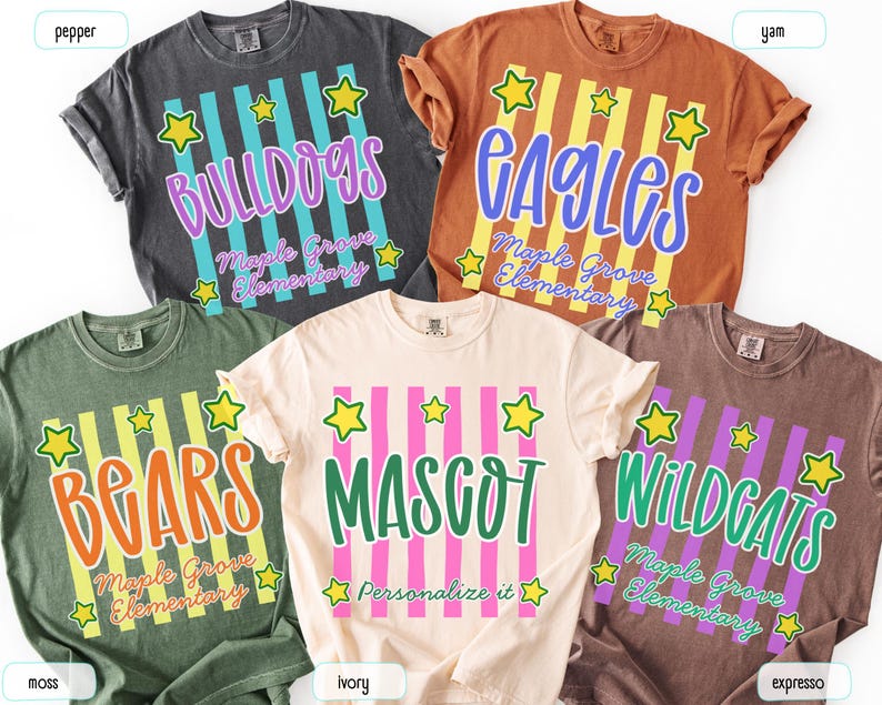 May include: Five short-sleeve t-shirts in pepper, yam, moss, ivory, and espresso colors. Each shirt features vertical stripes, yellow stars, and text including school names like Bulldogs, Eagles, Bears, Mascot, and Wildgats, plus Maple Grove Elementary.