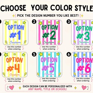 May include: A color selection chart featuring six square designs with vertical stripes in various colors. Each square displays a numbered option from 1 to 6, yellow stars, and lightning bolts. The text reads CHOOSE YOUR COLOR STYLE and PICK THE DESIGN NUMBER YOU LIKE BEST!