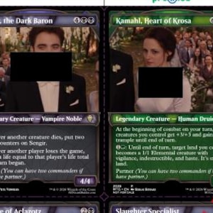 May include: Two Magic: The Gathering trading cards featuring film stills. The left card is Sengir, the Dark Baron, a black Legendary Creature Vampire Noble. The right card is Kamahl, Heart of Krosa, a green Legendary Creature Human Druid.
