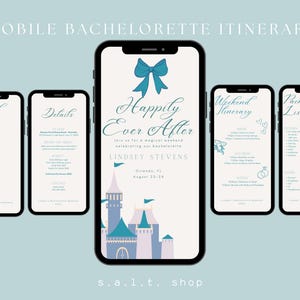 May include: A mobile bachelorette itinerary displayed on five smartphones. The central phone features "Happily Ever After" text with a castle graphic. Other screens show "Weekend Vibes," "Details," "Weekend Itinerary," and "Packing List."