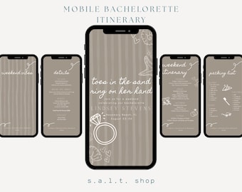 May include: A digital mobile bachelorette itinerary displayed on five smartphones. The screens feature text and graphics, including "weekend vibes," "details," "weekend itinerary," and "packing list." The central phone reads "toes in the sand ring on her hand."