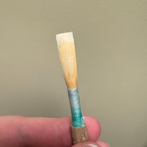 May include: Close-up of a new oboe reed. The reed is made of light brown cane with a white tip. The reed is wrapped with a teal and silver thread and has a cork base. Musical instrument accessory.