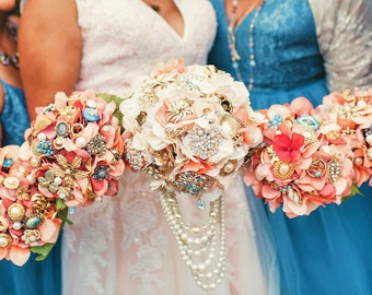 Brooch Bouquet, Broach Bouquet,Blue  Peach Bouquet, Jewelry Bouquet, Wedding Flowers, Bridal Flowers, Peach Coral Flowers