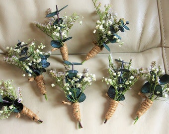 Rustic Eucalyptus Dried Flower Boutonniere, Twine Wrapped