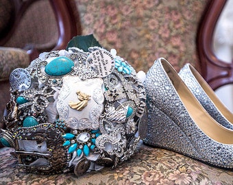 Brooch Bouquet, Broach Bouquet Country Western Bouquet, Bridal Brooch Bouquet, Silver Turquoise Blue Bouquet, Western Wedding, Western decor