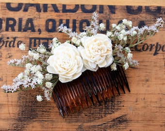 Sola Flower Comb, Dried Flower Hair piece, Babys Breath Hair Comb, Wedding Dried Flowers, Rustic Hairpiece, Bridal Flowers, Bridesmaids Comb