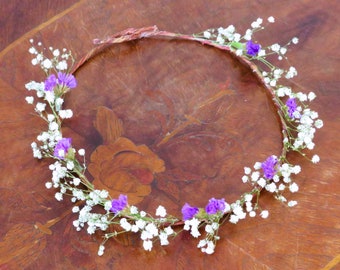 Purple crown, boho crown, dried flower crown, flower tiara, babys breath crown, flower wreath crown, flower crown, dried flower hair