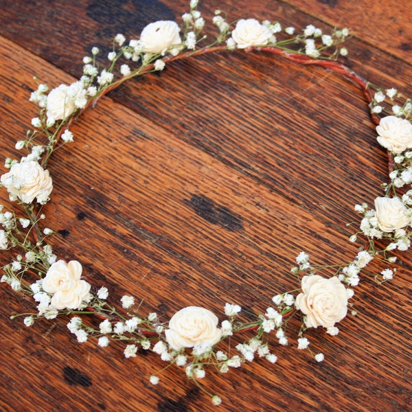 Ivory Sola flower crown, Babys breath halo, dried flower crown, Bridal flower girl tiara crown, dried flower headpiece, babys breath crown