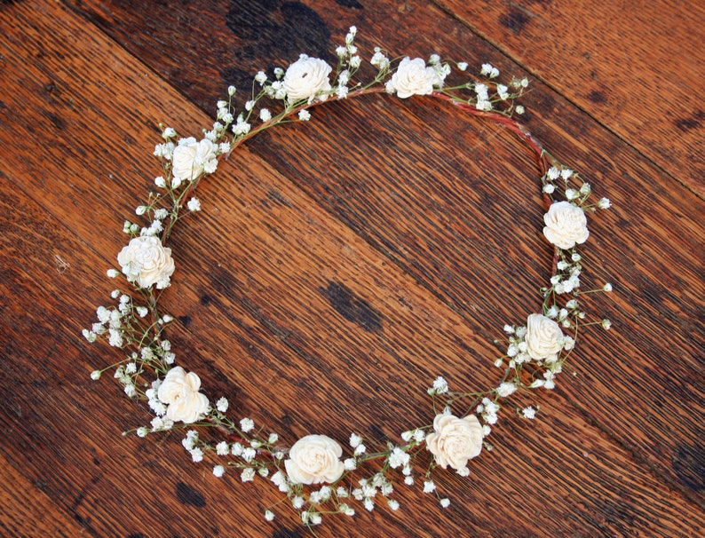 Couronne de fleurs Sola ivoire, halo d'haleine de bébé, couronne de fleurs séchées, couronne de diadème de fille de fleur nuptiale, casque de fleurs séchées, couronne d'haleine de bébé image 2