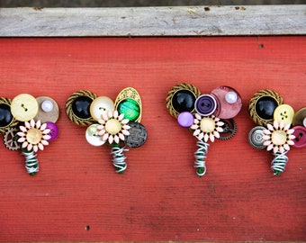 Boutonniere, Jewelry Boutonniere, Button Boutonniere, Funky Boutonniere, Groom Groomsmen Boutonniere, Pin Corsage