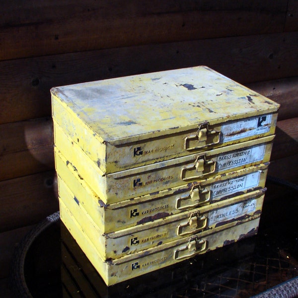 5 Metal Storage Containers Chippy Yellow Paint Great Crafts or Jewelry Findings RESERVED