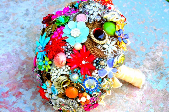 Vintage Brooch Wedding Bouquet: Enamel Flowers, Jewelry Bouquet