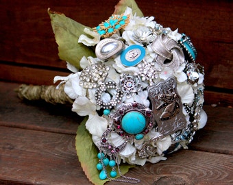 Brooch Bouquet, Bling Bouquet, Country Western bouquet, cowgirl turquoise silver bridal bouquet ,  Blue Bridal Bouquet, Horse jewelry