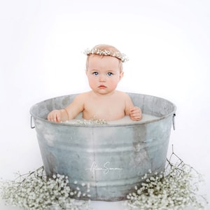 May include: A baby sits in a galvanized metal tub filled with milky water, wearing a floral crown. White flowers are scattered around the tub. The baby has fair skin and blue eyes. The image is set against a white backdrop.