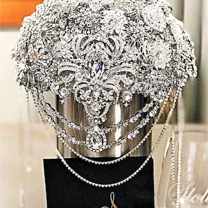 Silver Rhinestone Brooch Bouquet: Cascading Crystal Bling