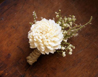 Dried Flower Boutonniere, Rustic Boutonniere,  Ivory Sola Flower Wedding Boutonniere, Beach Wedding, Baby's Breath, Groom Boutonniere