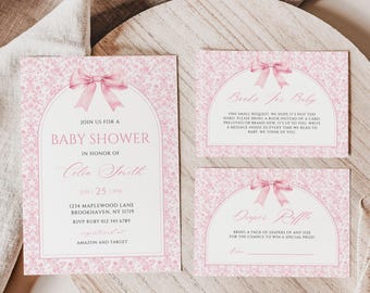 Pacote de convites para chá de bebê com laço floral rosa blush vintage, rifa de fraldas e livros para cartão de bebê, chá de bebê com laço coquete para menina
