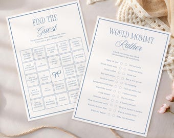 May include: Two baby shower game cards with blue text on a white background. One card says "Find the Guest" and the other says "Would Mommy Rather". The bottom of the image reads "30 Baby Shower Games Editable Canva Templates".