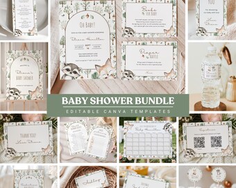 Woodland Baby Shower Invitation Bundle Template Woodland Shower Games Pack Printable Decorations Forest Animal Baby Shower Invite Set