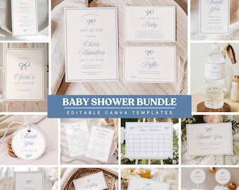 Minimalist Baby Shower Bundle Dusty Blue Baby Shower Bundle Boy Baby Shower Decor Vintage Invite Editable Canva Template Instant Download