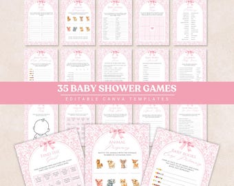 May include: A set of 35 baby shower game templates with a pink floral design and a bow. The text "35 BABY SHOWER GAMES" is displayed. The games include "Find the Guest" and "Animal Pregnancy". The templates are editable.