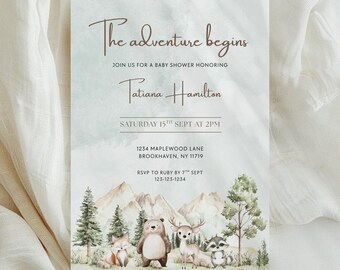 May include: Baby shower invitation with watercolor forest scene and text "The adventure begins." Features a fox, bear, deer, and raccoon. Includes event details: Tatiana Hamilton, Saturday 15th Sept at 2PM, and RSVP information.