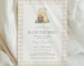 Modèle classique d'invitation de baby shower Winnie l'ourson, invitation vintage ours Winnie l'ourson petit lapin, invitation de baby shower non sexiste