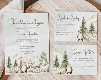 May include: Baby shower invitation set with watercolor illustrations of woodland animals and trees. The invitation reads "The adventure begins" and includes details for the event. Additional cards include "Books for Baby" and "Diaper Raffle".