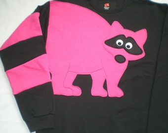 Pink Raccoon Sweatshirt, raccoon tail sweatshirt, adult size sweatshirt, unisex small, medium or large top.