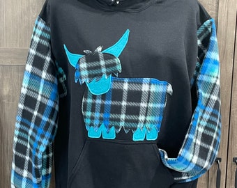 Blue tartan Highland Cow, Heilan Coo tartan plaid hooded sweatshirt. Scottish hoodie with hairy cow applique and plaid sleeves,