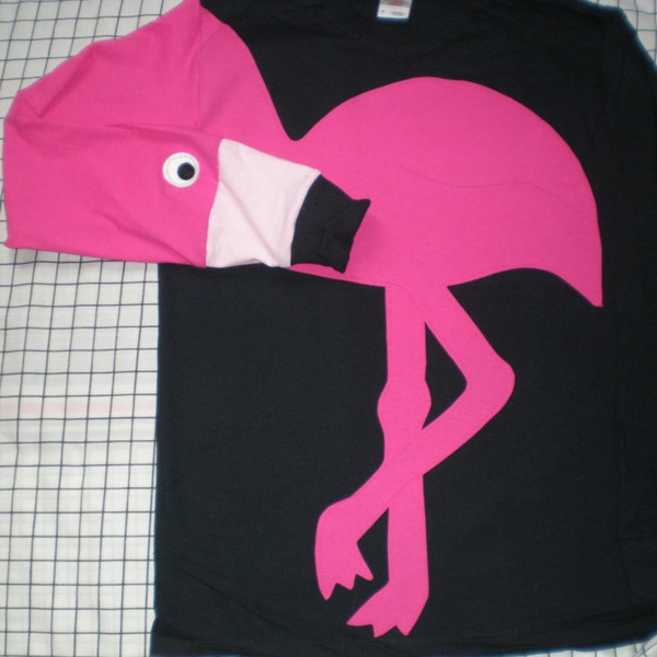 Flamingo shirt, flamingo t-shirt,  long sleeve tshirt with flamingo applique. adult Size Large, black.