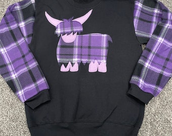 Purple tartan Highland Cow, Heilan Coo tartan plaid crewneck sweatshirt. Scottish sweatshirt with hairy cow applique and plaid sleeves,