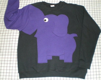 Elephant shirt with a trunk sleeve, black with purple elephant, your choice of size. Adult size elephant sweatshirt. elephant jumper.