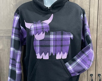 Highland Cow, Heilan Coo tartan plaid hooded sweatshirt. Scottish hoodie with hairy cow applique and plaid sleeves, purple tartan