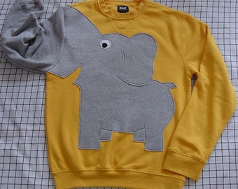 Elephant Sweatshirt, Yellow elephant trunk sleeve sweatshirt, elephant sweater, elephant jumper. Adult sizes, unisex sweatshirt, puppet