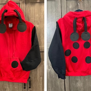 Ladybug hooded sweatshirt, bug hoodie, red with black spots, unisex adult fun shirt