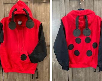 Ladybug hooded sweatshirt, bug hoodie, red with black spots, unisex adult fun shirt