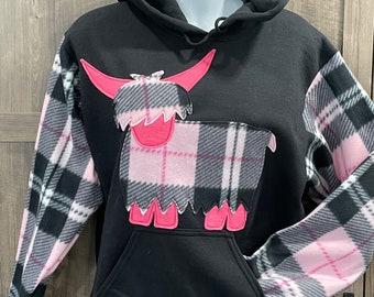 Pink tartan Highland Cow, Heilan Coo tartan plaid hooded sweatshirt. Scottish hoodie with hairy cow applique and plaid sleeves,