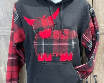 Red tartan Highland Cow, Heilan Coo tartan plaid hooded sweatshirt. Scottish hoodie with hairy cow applique and plaid sleeves,