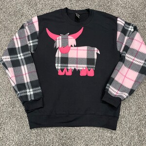 Pink or blue tartan Highland Cow, Heilan Coo tartan plaid crewneck sweatshirt. Scottish sweatshirt with hairy cow applique and plaid sleeves