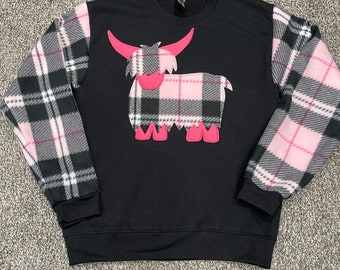 Pink or blue tartan Highland Cow, Heilan Coo tartan plaid crewneck sweatshirt. Scottish sweatshirt with hairy cow applique and plaid sleeves