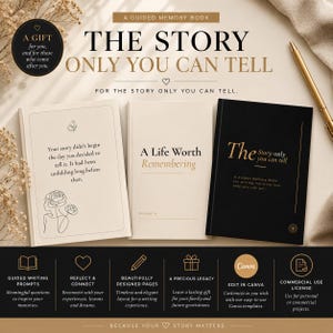 Op de afbeelding: Drie begeleide herinneringsboeken in crème en zwart met gouden letters. De boeken hebben titels zoals A Life Worth Remembering en The Story Only You Can Tell. De afbeelding bevat tekst over begeleide schrijfopdrachten en Canva-bewerking.