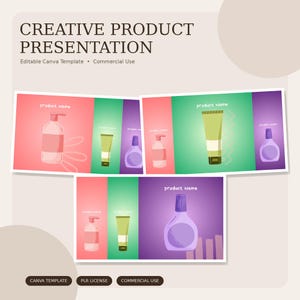 May include: A digital graphic design template titled CREATIVE PRODUCT PRESENTATION featuring three rectangular layouts. Each layout displays illustrations of pink pump bottles, green tubes, and purple bottles with the placeholder text product name.