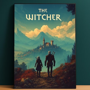 Puede incluir: Impresión enmarcada con el título "THE WITCHER". La obra muestra dos figuras caminando hacia un castillo en una colina, con un fondo de montañas y cielo azul. Tema de fantasía.