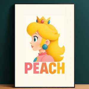 May include: A framed art print featuring a side profile of Princess Peach from the Super Mario video game series. She has blonde hair, a pink dress, and a gold crown. The word "PEACH" is printed in pink and orange below her.