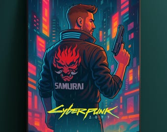 Cyberpunk 2077 Poster: V Samurai, Neon City Kunst - Digital Download